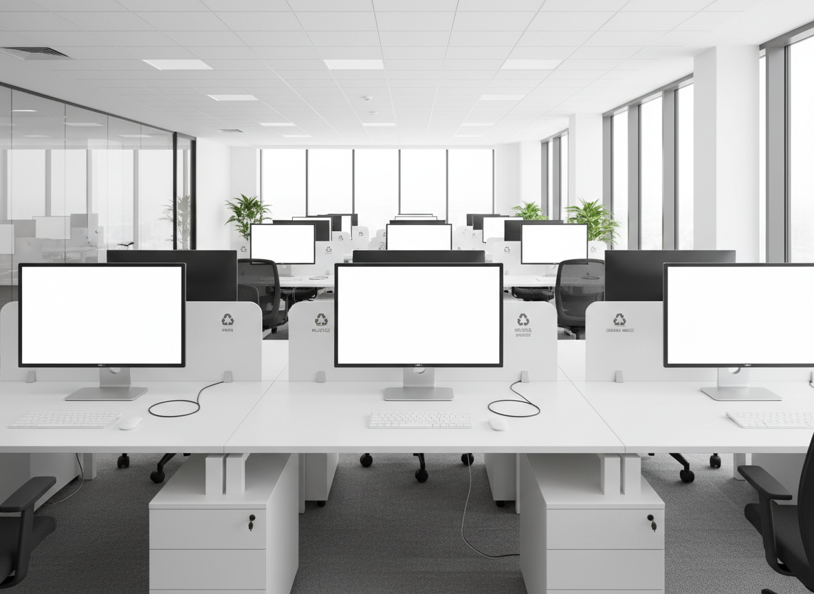 An open-plan office space with rows of pristine white workstations, each with a spotless monitor, keyboard, and uncluttered desk surface, showcasing the outcome of meticulous janitorial services. The carpet appears freshly vacuumed with subtle, even lines, and the air seems crisp and clean. Large windows along one wall let in diffused midday sunlight that gently illuminates every surface without harsh glare. Recycling bins and waste containers are neatly positioned and clearly labeled, all empty and clean. Photographic realism, captured from a wide-angle perspective to show the entire space, with balanced, bright exposure and a clean, modern aesthetic that communicates order, health, and eco-conscious commercial cleaning.